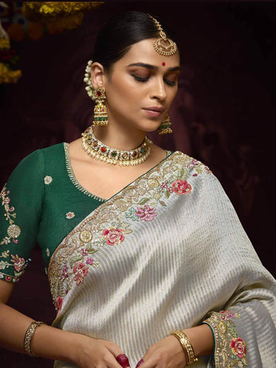 Fascinating Grey Embroidered Kanjivaram Silk Event Wear Saree